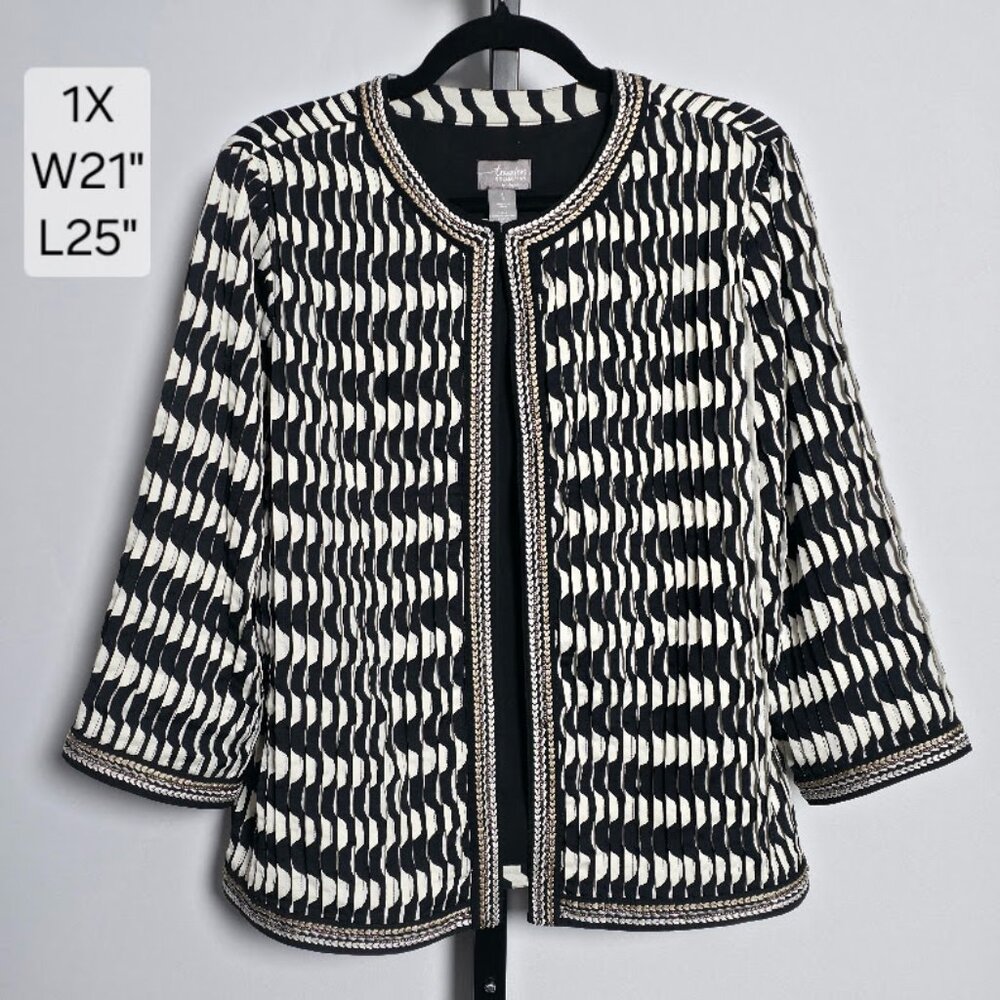 Chico’s Travelers Collection Jacket Women’s 1 (M) Black White Beaded Geometric